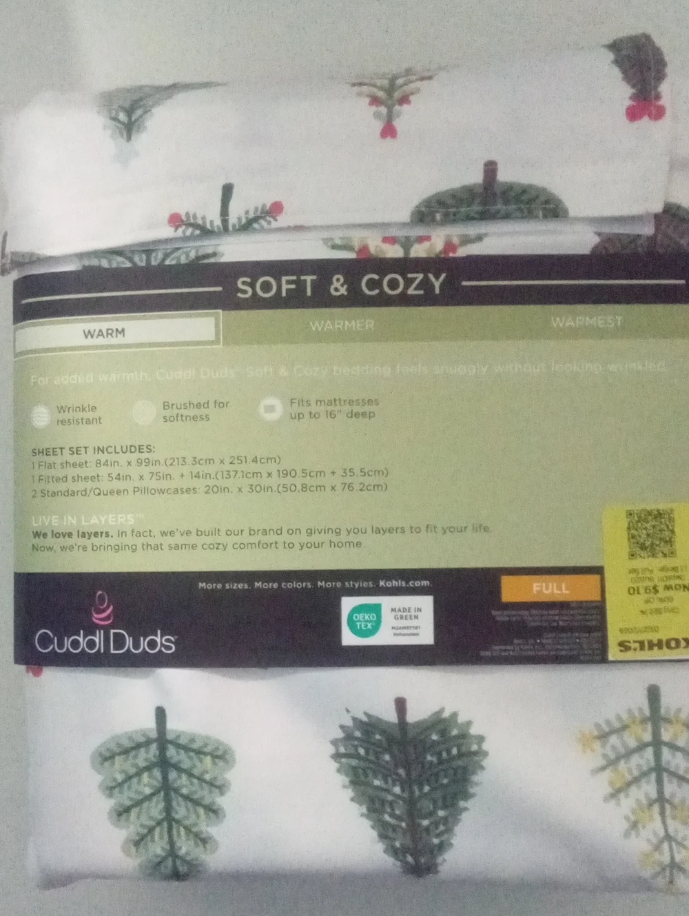 Cuddl Duds Soft & Cozy Full Sheet Set NWT $65 White with Green Tree Print